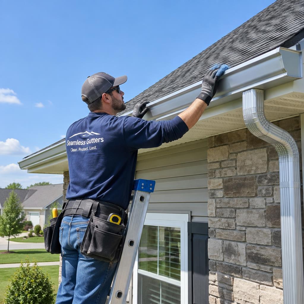 Technician installing seamless gutters on a home