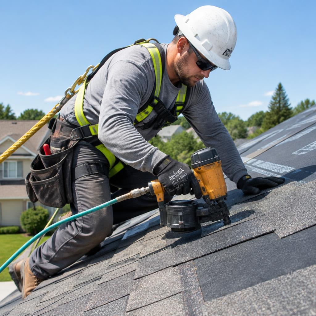 Roofer nailing shingles on a residential roof