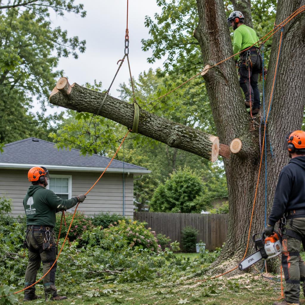Crew removing a large tree limb with ropes